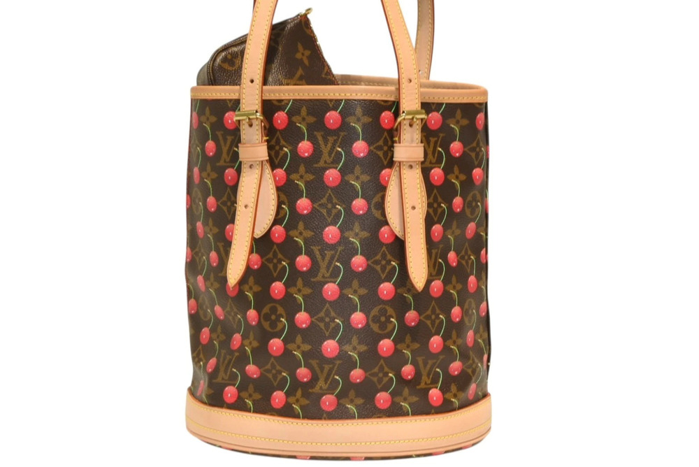 LOUIS VUITTON Monogram Cherry Red Bucket Handbag by Takashi Murakami Brown